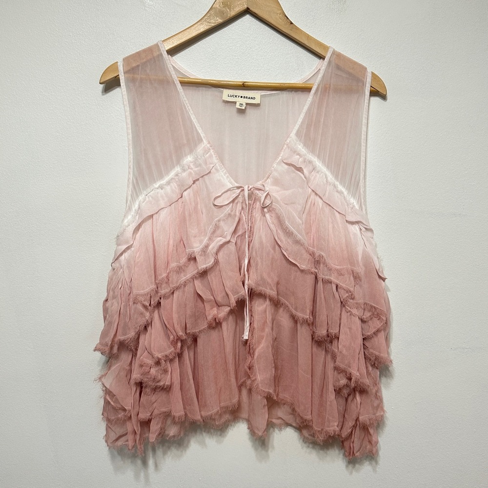 NEW Lucky Brand Tiered Ruffle Tank Top Women XXL Pink Ombre Sheer Fairycore